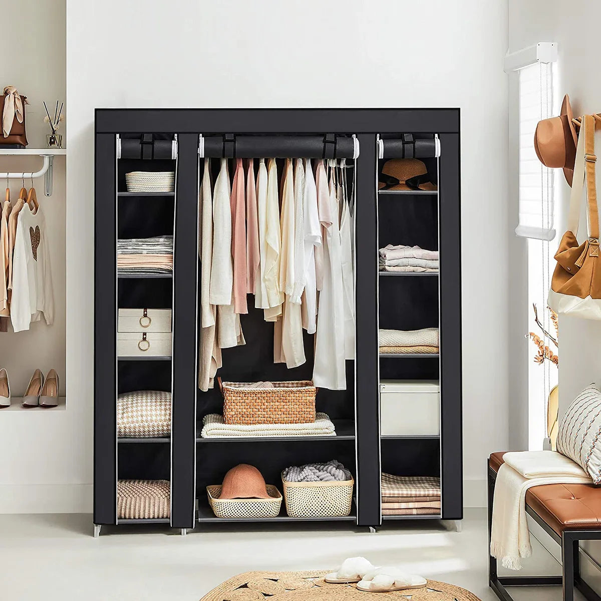 Large XXL wardrobe, fabric wardrobe, folding wardrobe with clothes rail 175 x 150 x 45 cm THREE roll-up doors (black) LSF03H