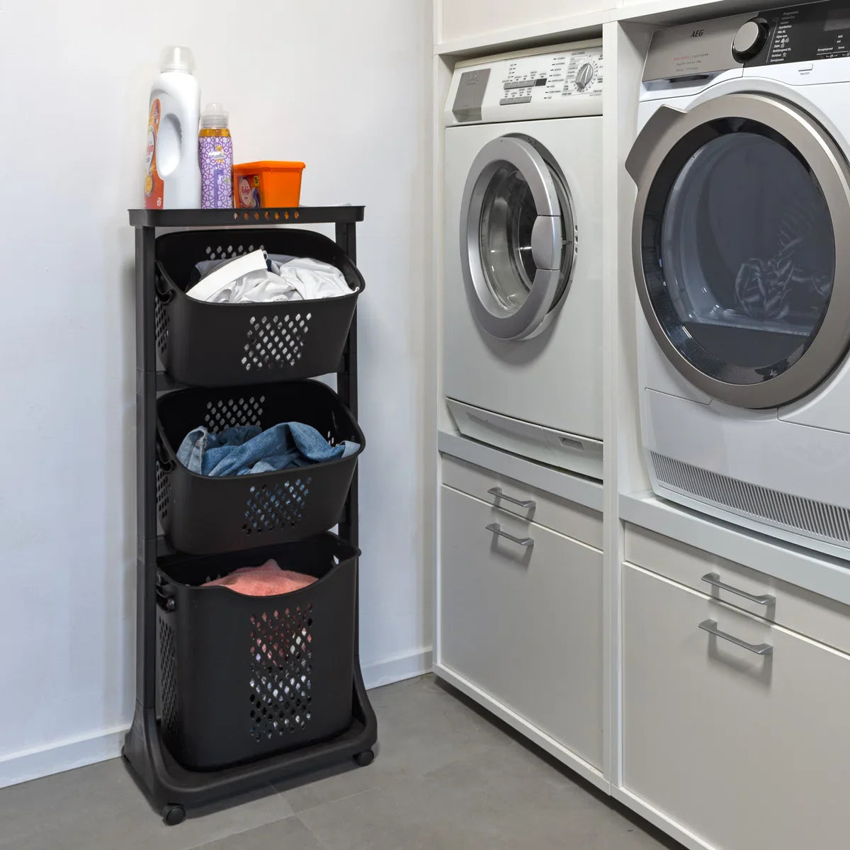 3-in-1 wasmand – Inhoud Grote Mand 38 L - Inhoud Kleine Mand 22 L – Wasbox organizer – Wassorteerder met 3 vakken – Kunststof – Zwart