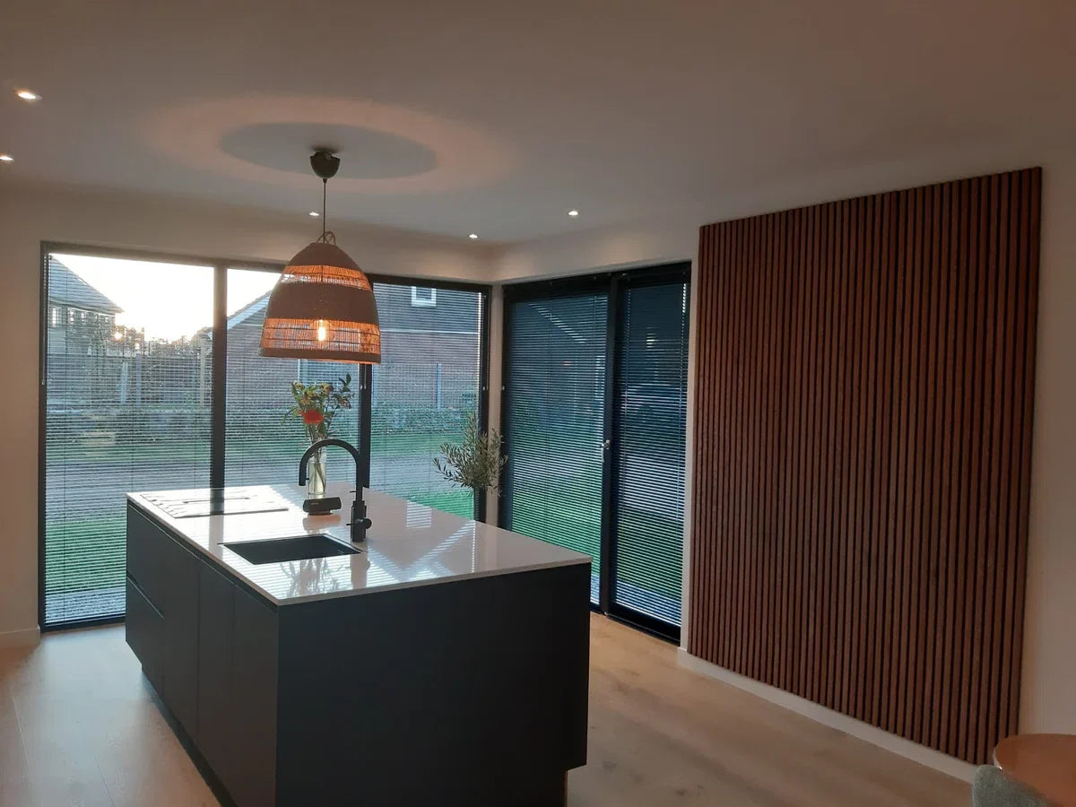 Walnut / Walnut wood veneer - Acoustic Wooden Wall Panel - size 240 x 60cm.WallingtonNL __________ | Real Wood | Wooden slats | Akupanel | Wall decoration | 3D Wall panels | Wall decoration | Slatted walls | Wood panels | __________