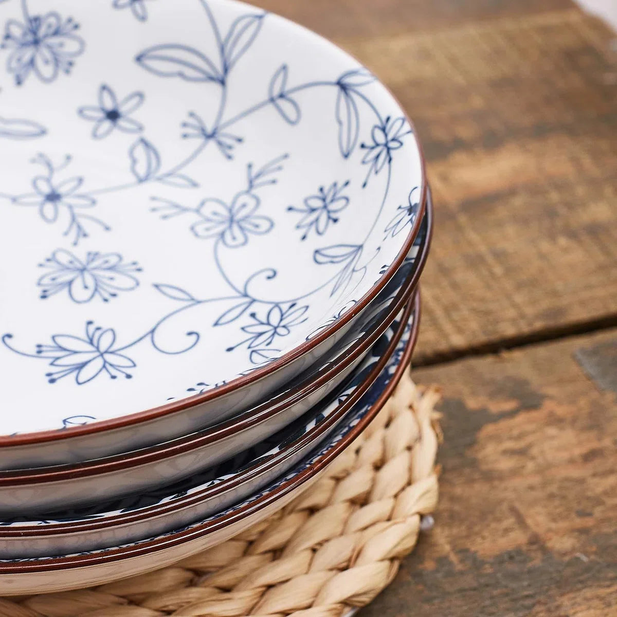 Keramische pastabordenset van 4, blauw en wit porselein 20 cm saladeschalen, diner platte borden, serveerschaal voor hapjes, salade, dessert en snacks (20 cm)