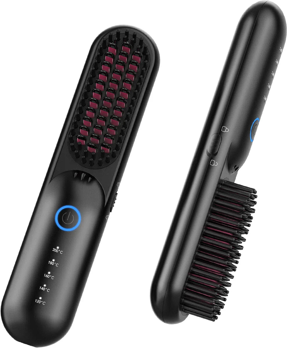 Wireless Hair Straightening Brush - Hair Straightener - Straight Hair - 2-in-1 Electric Straightening Brush - Straight Brush - Hot Air Brush - 200 Degrees - Heated Brush - Hairbrush - Hair Care - Brush - Wireless - Rechargeable - Battery