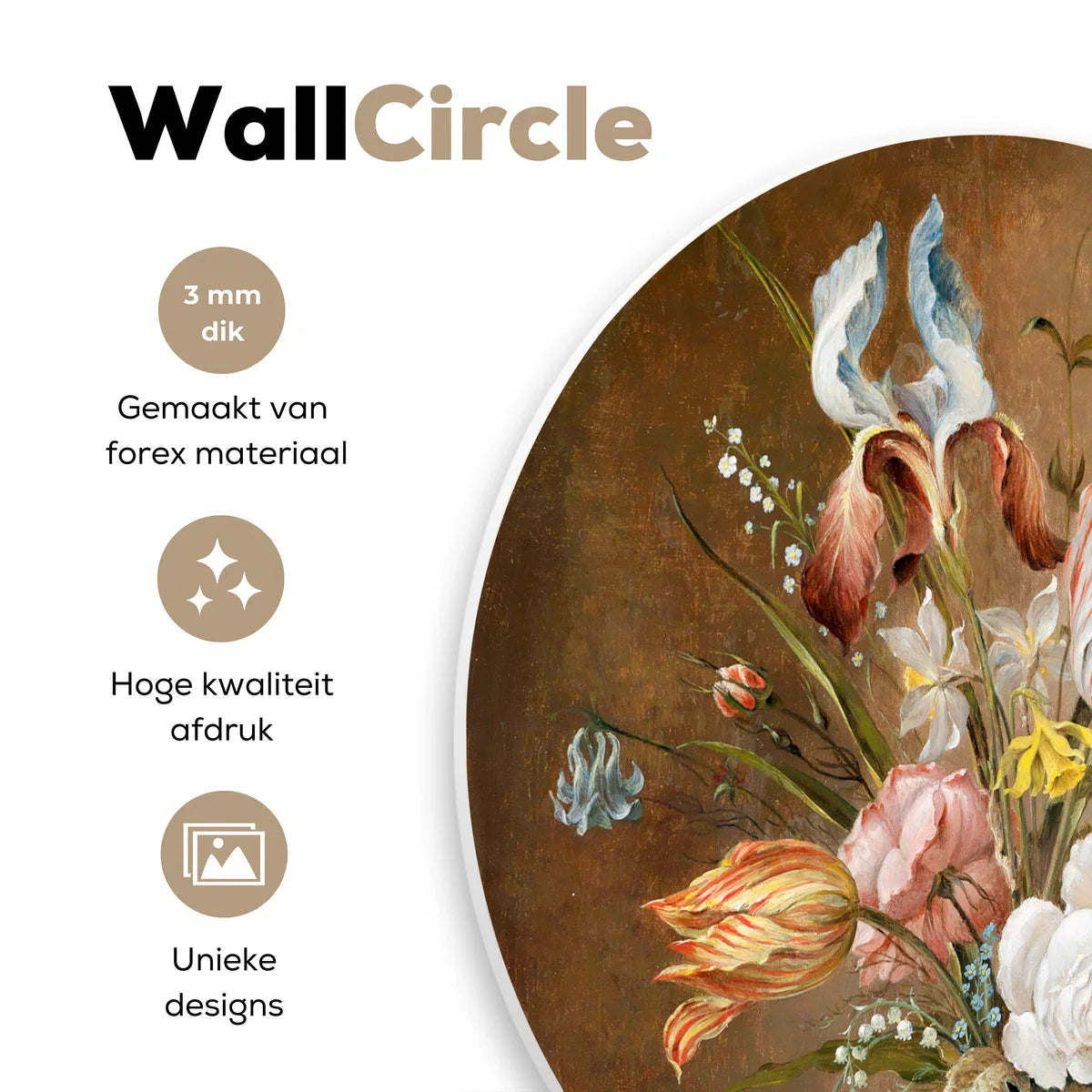 WallCircle® Wandcirkel 60x60 cm - Muurcirkel Bloemen - Stilleven - Balthasar van der Ast - Oude Meesters - Schilderij - Kunst - Muurdecoratie woonkamer - Wanddecoratie slaapkamer - Kamerdecoratie accessoires - Ronde schilderijen