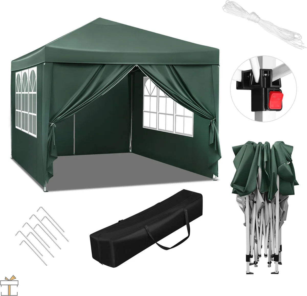 Happyment Partytent met zijwanden - Groen - Opvouwbaar - Easy up - Paviljoen - Waterdicht weerbestendig - 3x3 m