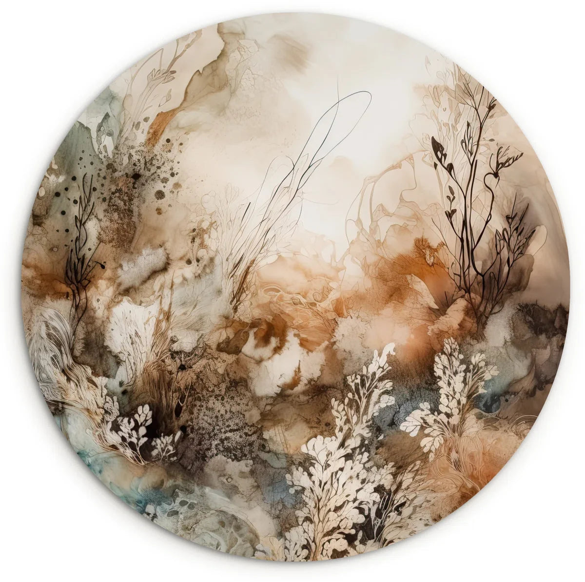 WallCircle® Wandcirkel 90x90 cm - Muurcirkel Abstract - Beige - Verf - Kunst - Natuur - Bloemen - Planten - Muurdecoratie cirkel woonkamer - Wanddecoratie slaapkamer - Kamer decoratie accessoires - Ronde schilderijen - Woonaccessoires