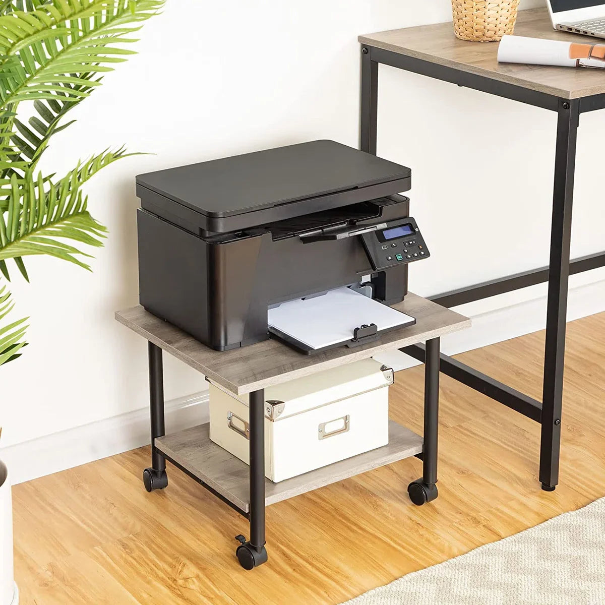 Printer Table on Lockable Wheels - Desk Organizer - Printer Cabinet or Printer Cart - Printer Stand - Office Cabinet - Industrial Printer Desk - 48.5 x 40 x 36.5 cm - Grey and Black