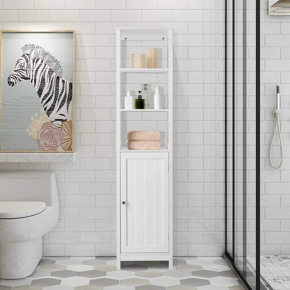 Hoge kast, badkamerkast, staand rek, badkamerrek, met 3 open vakken, verstelbare plank, voor badkamer, woonkamer, keuken, 160 cm hoog, wit