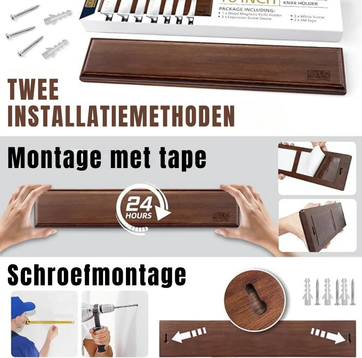 Magnetic Knife Holder - Super Strong Magnet with VHB Tape - Knife Storage - Kitchen Organizer - Acacia Wood