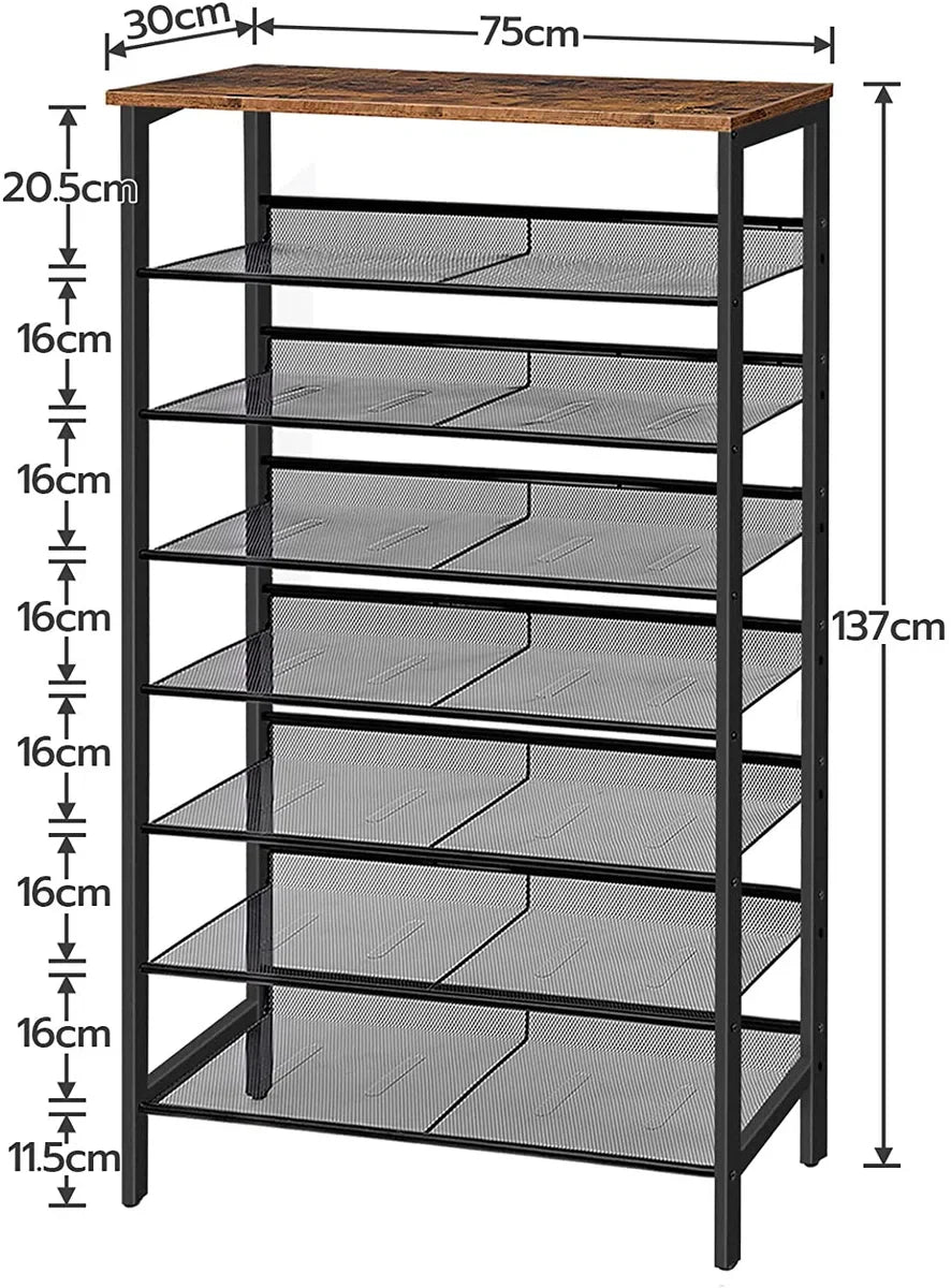 Large shoe rack - high shoe cabinet - 8-tier shoe rack - tiltable mesh shelves - metal/wood - for 24-32 pairs of shoes - industrial - brown-black