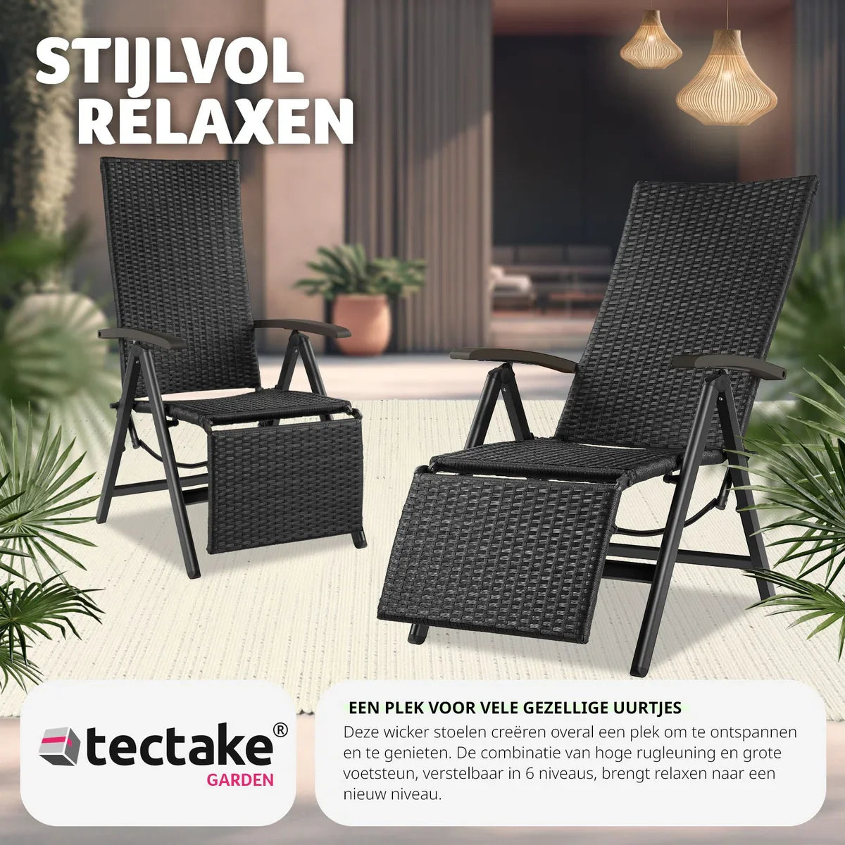 Wicker tuinstoel, inklapbaar, met aluminium frame en voetensteun - zwart