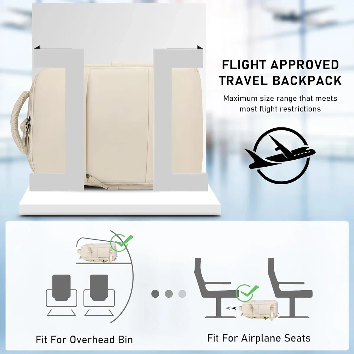 Damesreisrugzak, handbagage, reisrugzak voor 15,6 inch laptop, anti-diefstal, waterafstotend, rugzak, vliegtuig, handbagage, reisrugzak voor dames, voor werk, school, reizen (beige)