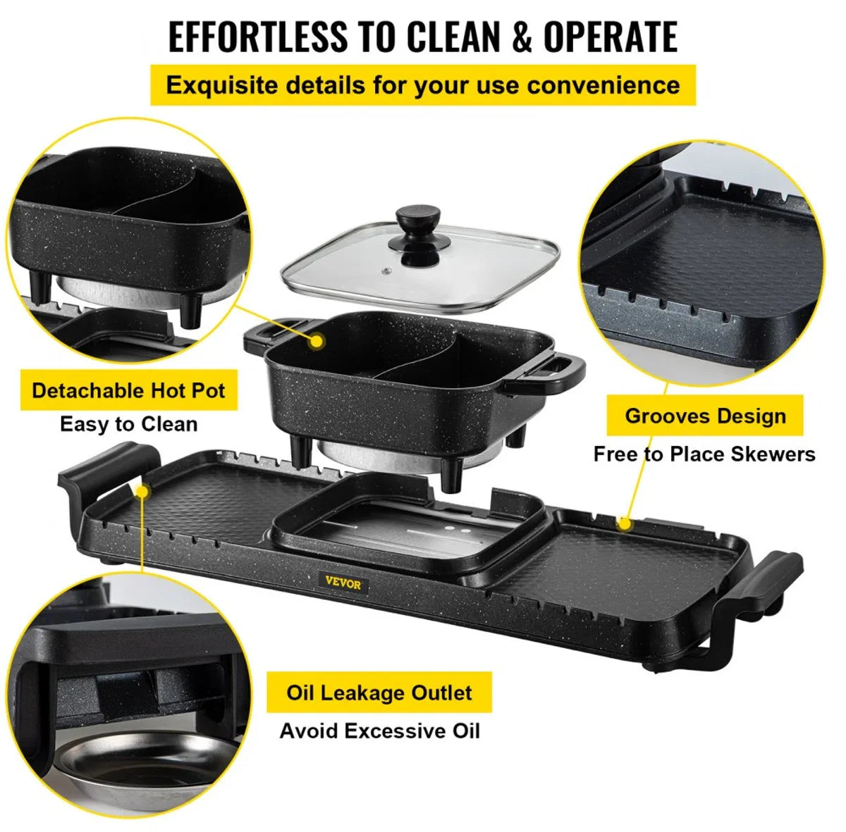 2-in-1 BBQ Grill Hete Pot 2400W Multifunctionele Elektrische Grill Hotpot 73,5x26,5x19 cm Binnen Grill Hotpot van Gegoten Aluminium en Gehard