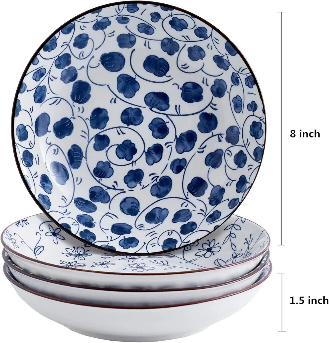 Keramische pastabordenset van 4, blauw en wit porselein 20 cm saladeschalen, diner platte borden, serveerschaal voor hapjes, salade, dessert en snacks (20 cm)