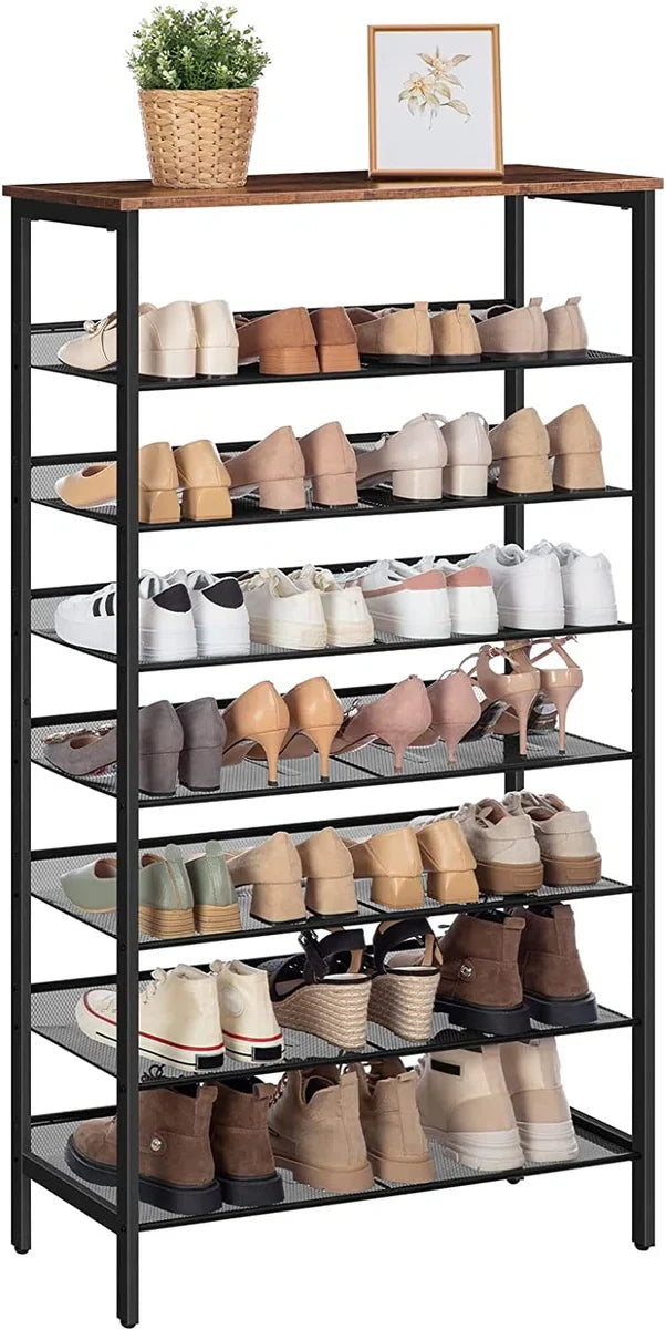 Large shoe rack - high shoe cabinet - 8-tier shoe rack - tiltable mesh shelves - metal/wood - for 24-32 pairs of shoes - industrial - brown-black
