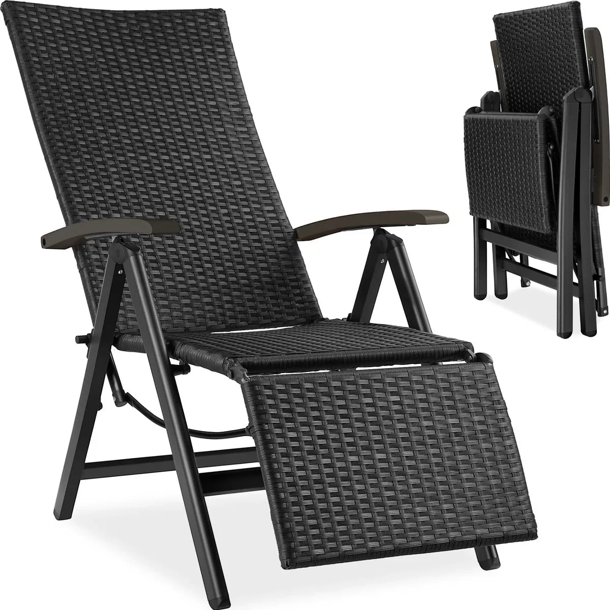 Wicker tuinstoel, inklapbaar, met aluminium frame en voetensteun - zwart