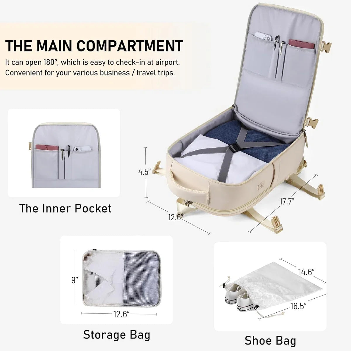 Damesreisrugzak, handbagage, reisrugzak voor 15,6 inch laptop, anti-diefstal, waterafstotend, rugzak, vliegtuig, handbagage, reisrugzak voor dames, voor werk, school, reizen (beige)