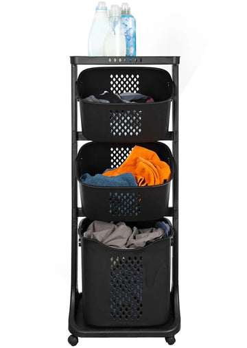 3-in-1 wasmand â€“ Inhoud Grote Mand 38 L - Inhoud Kleine Mand 22 L â€“ Wasbox organizer â€“ Wassorteerder met 3 vakken â€“ Kunststof â€“ Zwart