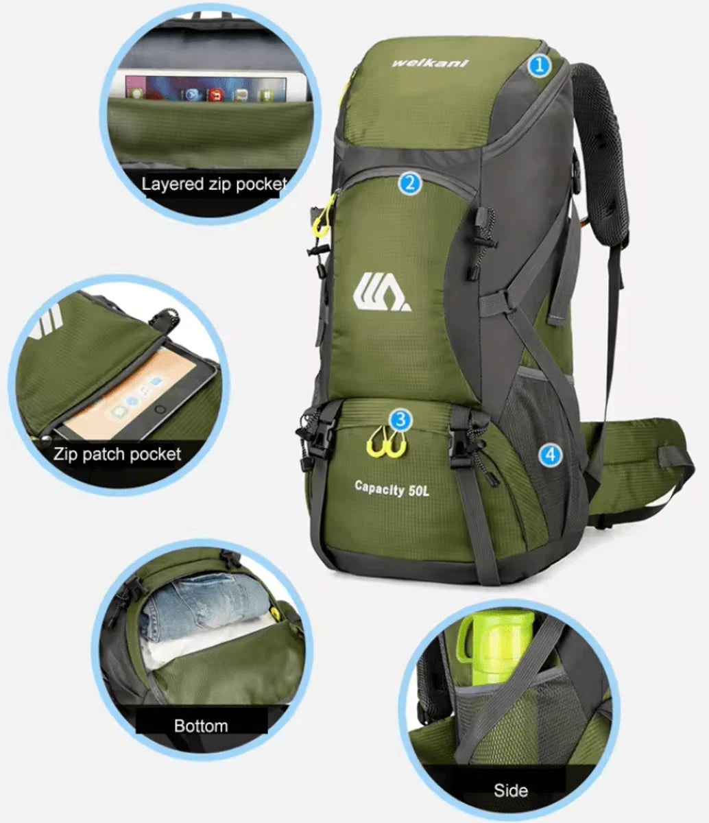 E-Shop4u® - 50L - Rugzak - Waterdicht - Nylon - Kamperen - Wandelen - Outdoor - Trekking - Schoenvak - Waterzakhouder - Reflecterend - Zwart - Rugzak Organizer