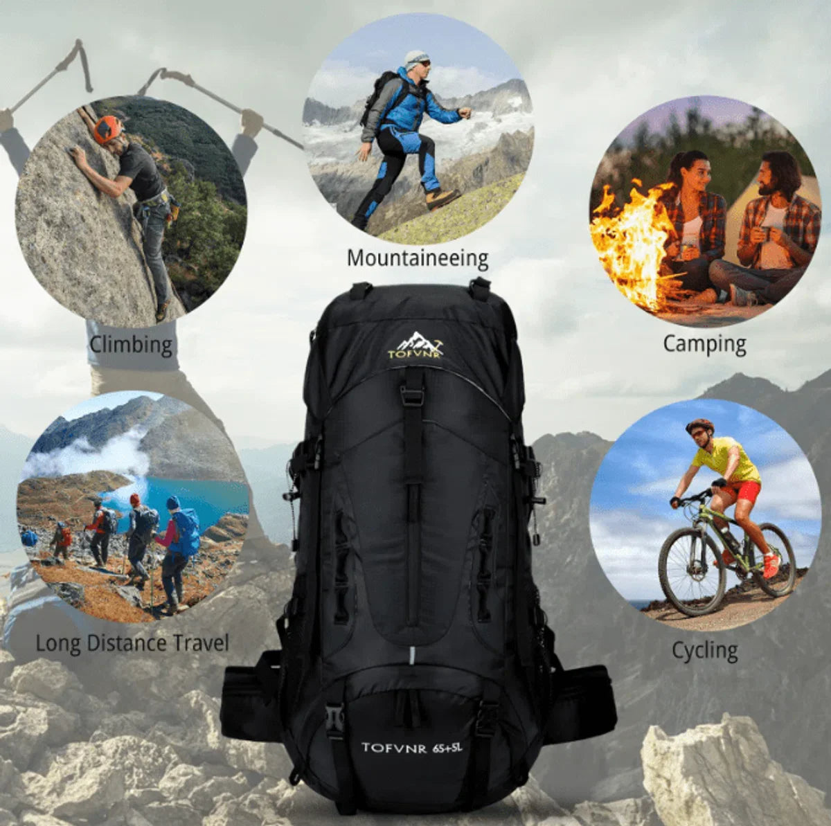E-Shop4u® - 70L - Backpacks - Rugzak - Wandelrugzak - Kampeerrugzak - Wandelen - Trekking - Rugzak - Zwart - Lichtgewicht - Nylon - Waterbestendig - Duurzaam - Grote - Backpack Organizer