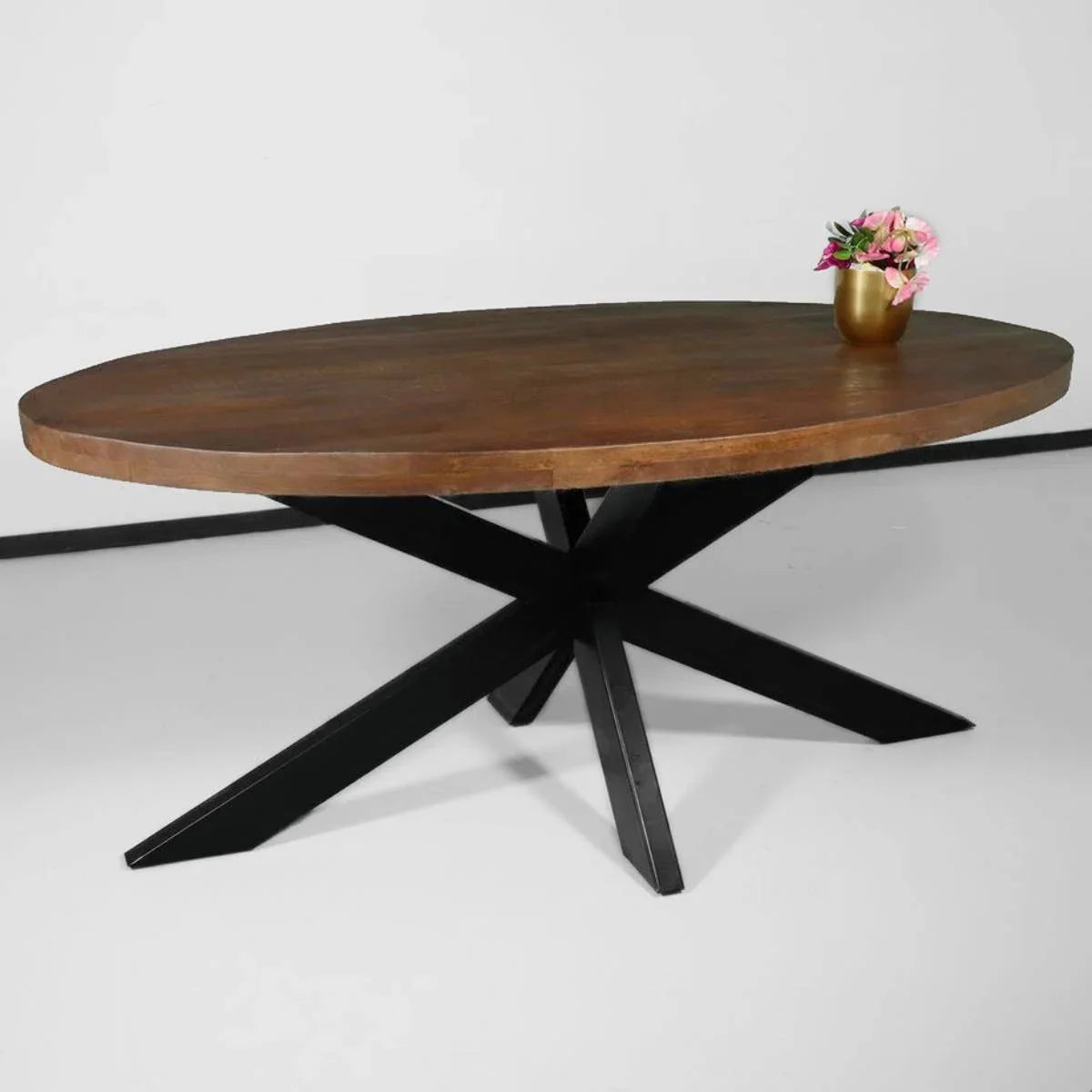 Eettafel ovaal mangohout 180cm James bruin - ovale industriële tafel duurzaam mango eetkamertafel