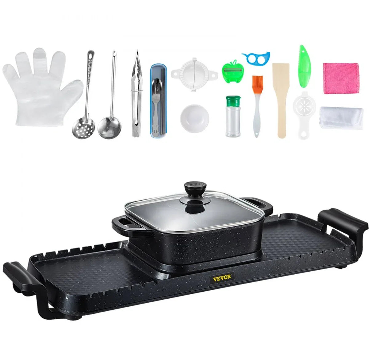 2-in-1 BBQ Grill Hete Pot 2400W Multifunctionele Elektrische Grill Hotpot 73,5x26,5x19 cm Binnen Grill Hotpot van Gegoten Aluminium en Gehard