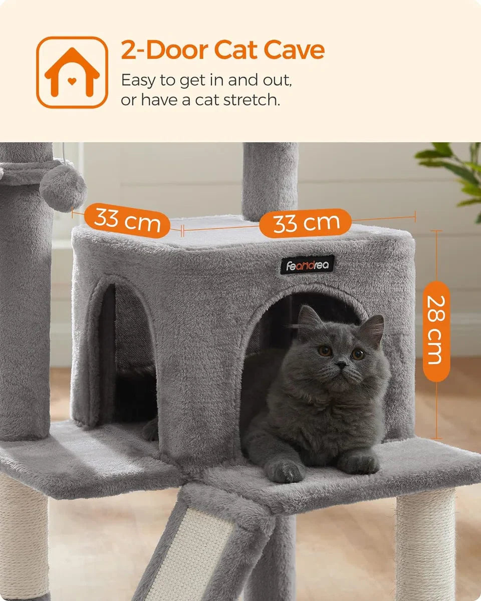 Large Cat Tree for Multiple Cats, Cat Condo with Hammock, Cat Scratching Post, 143 cm, Light Grey