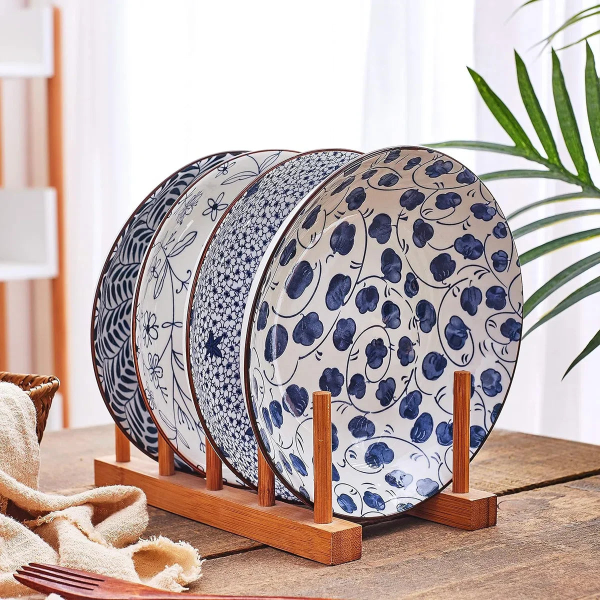 Keramische pastabordenset van 4, blauw en wit porselein 20 cm saladeschalen, diner platte borden, serveerschaal voor hapjes, salade, dessert en snacks (20 cm)