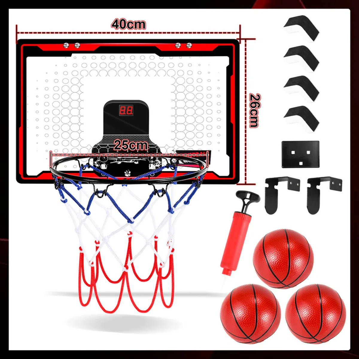 Mini Hoop - Basketbalring - Basketbal - LED Elektronische Teller Met Geluid - Basket - Over De Deur - Incl. 3 Ballen & Pomp