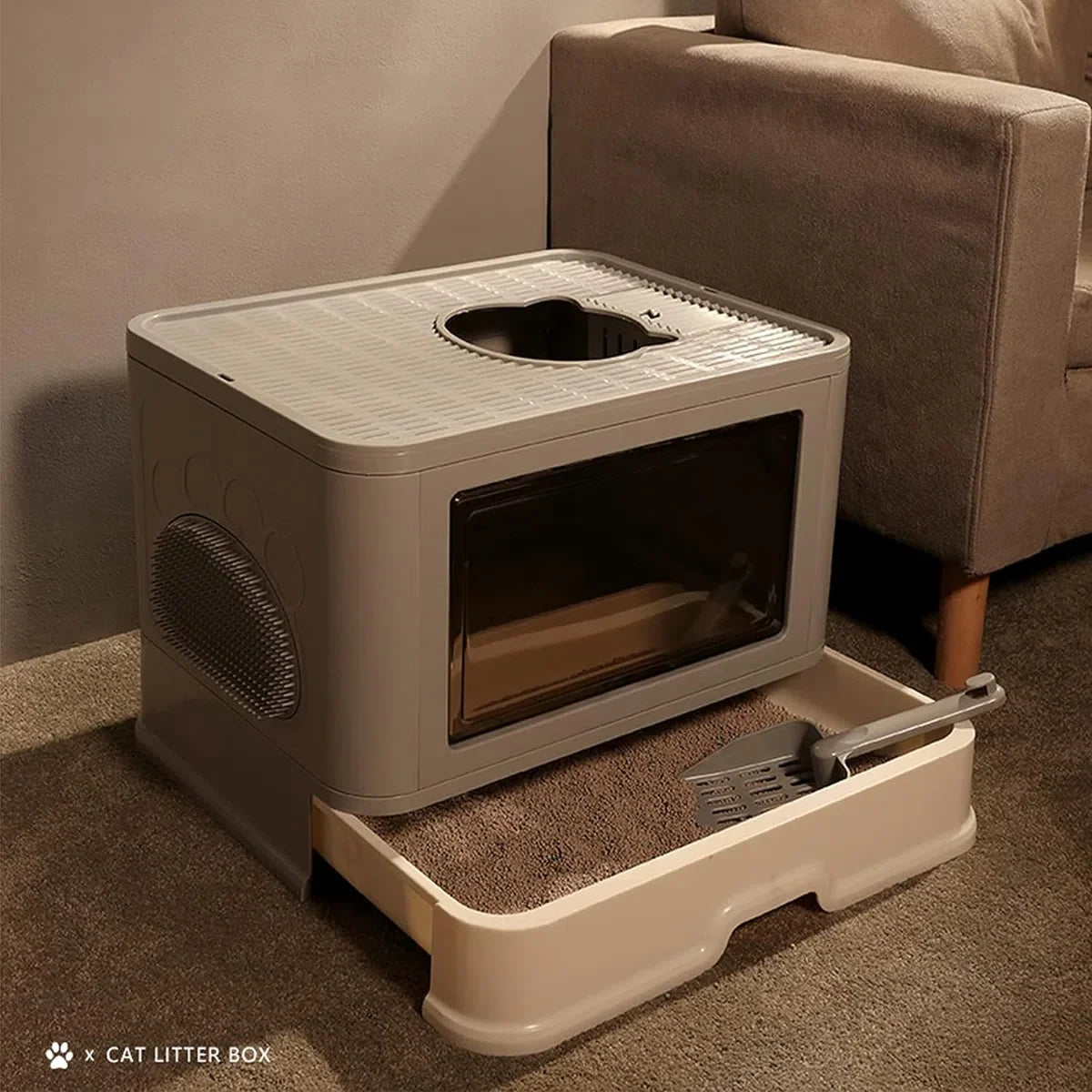 Covered Cat Litter Box - Large Opening - XXL Foldable Litter Tray - Scoop - Cat Brush - No Odor and Litter Tracking