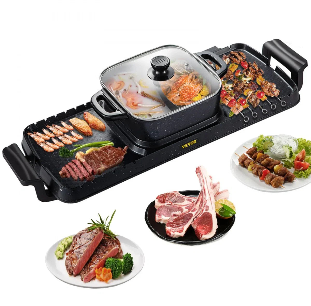 2-in-1 BBQ Grill Hete Pot 2400W Multifunctionele Elektrische Grill Hotpot 73,5x26,5x19 cm Binnen Grill Hotpot van Gegoten Aluminium en Gehard