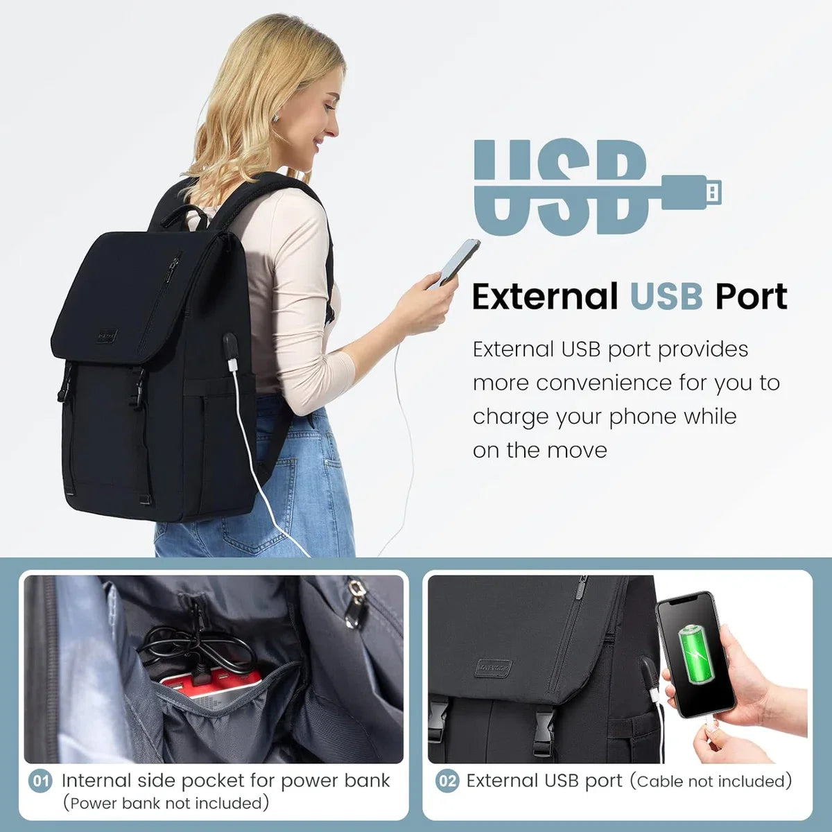 Laptop backpack 17.3 inch - Black - USB charging port - 32 x 15.5 x 47 - Backpack with 5 compartments - Work, school, office - Water-resistant