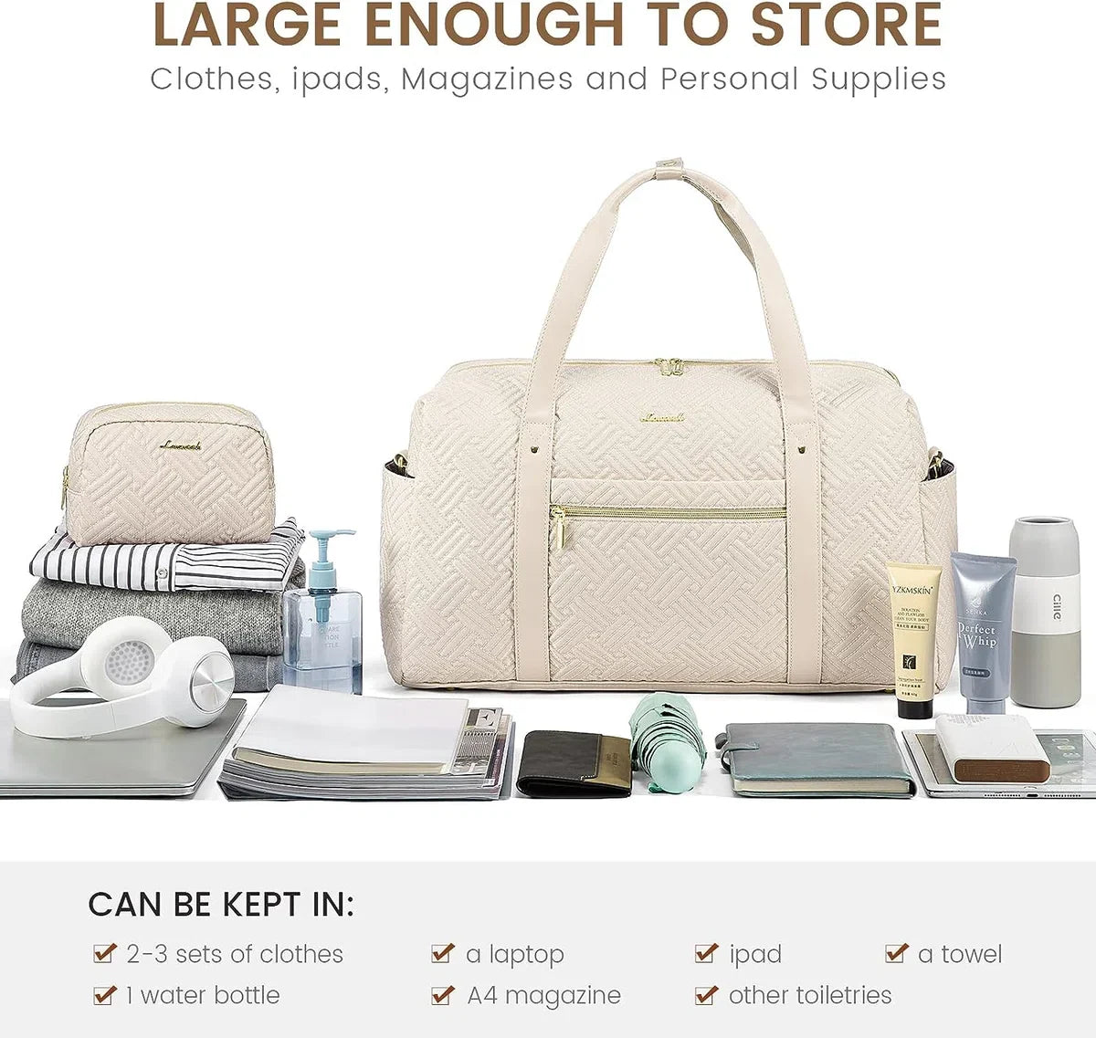 Large beige weekend bag for women - Sports bag with 15.6 inch laptop compartment - Travel bag, handbag, fitness bag - Gold details