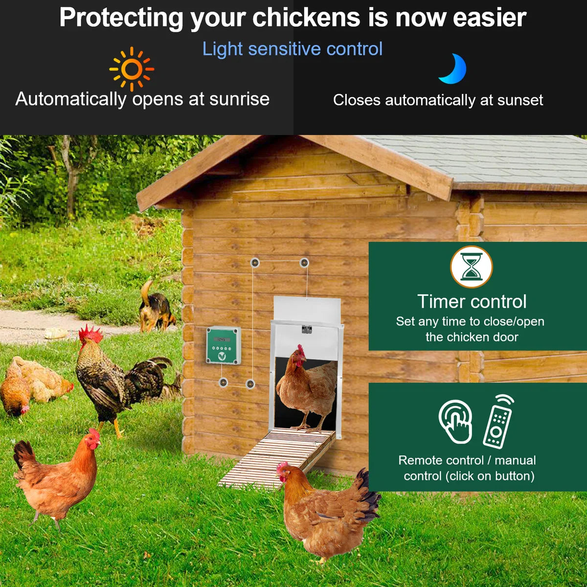 Chicken Door - Automatic Chicken Door - Chicken Coop Door with Controller - Chicken Door with Timer and Light Sensor - Aluminum/30x 30 cm