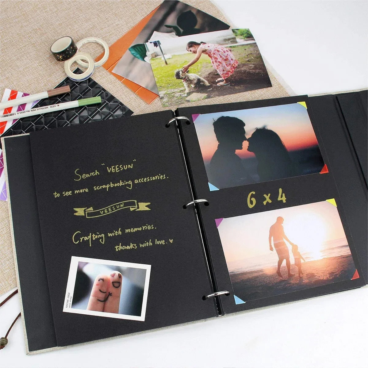 Fotoalbum Linnen 28 x 21cm, Zelfklevend Fotoalbum, Zwart 60 Pagina's Groot Plakboek om in te Plakken, Gastenboek Familieboek, Verjaardagscadeau Vrouwen