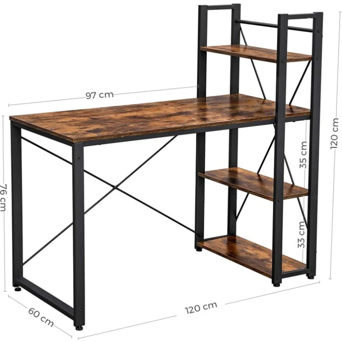 Mazazu - Desk - Computer Desk with Shelves - Home Office - Industrial - Vintage - Brown/Black - 60x120x76/120