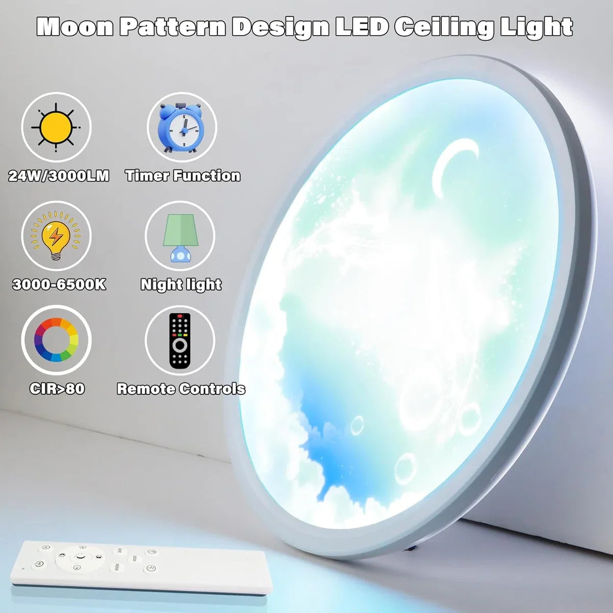 Moon Plafondlamp - LED Kroonluchter - Dimbaar Met Afstandsbediening - 3000-6500K - Moderne Woonkamer Lamp - 30 cm - Kinderkamer - Plafonnière