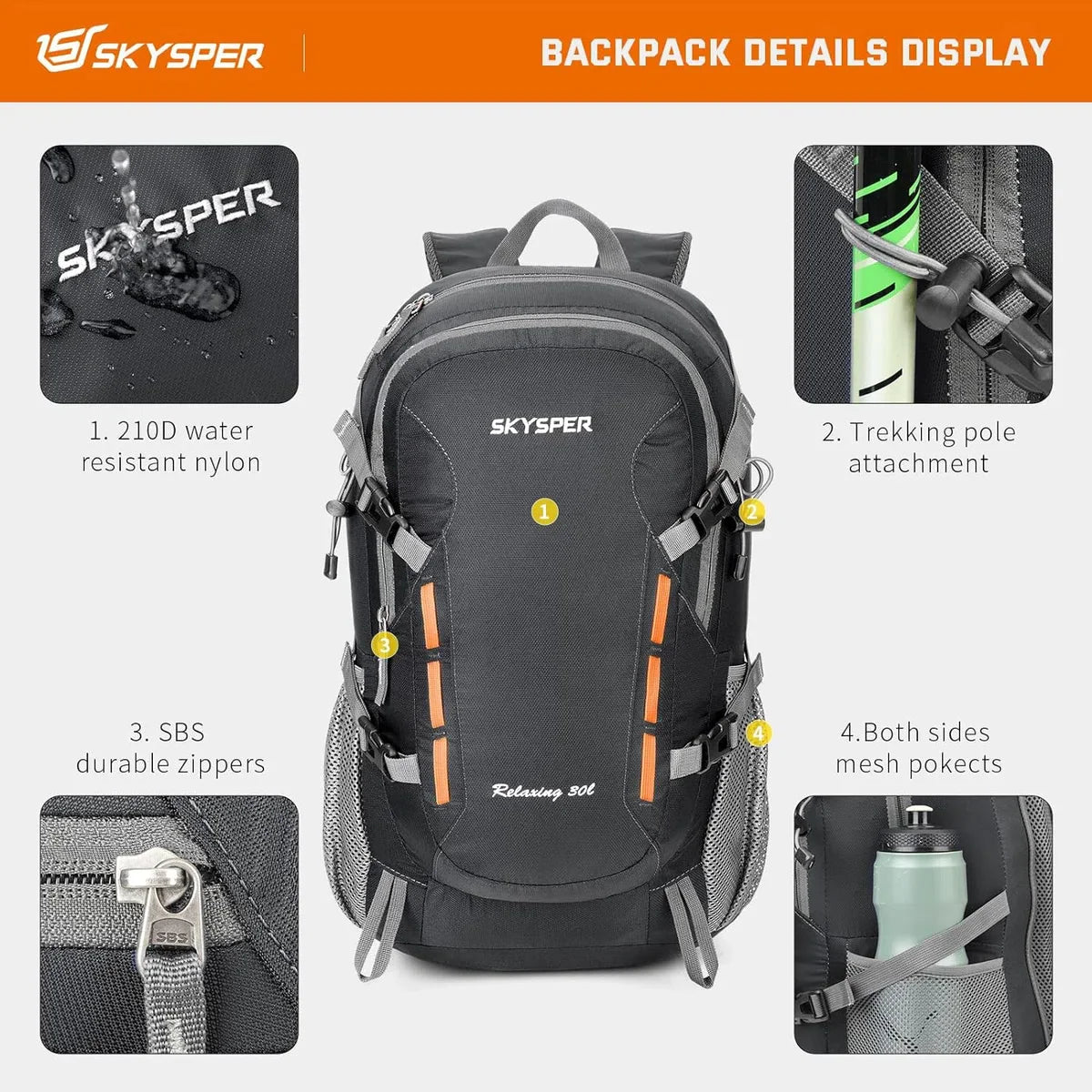 Wandelrugzak voor heren, 30 liter, trekkingrugzak, waterdicht, reisrugzak, multifunctionele campingrugzak, dagrugzak, opvouwbaar, lichtgewicht, outdoor dagrugzak, 30l