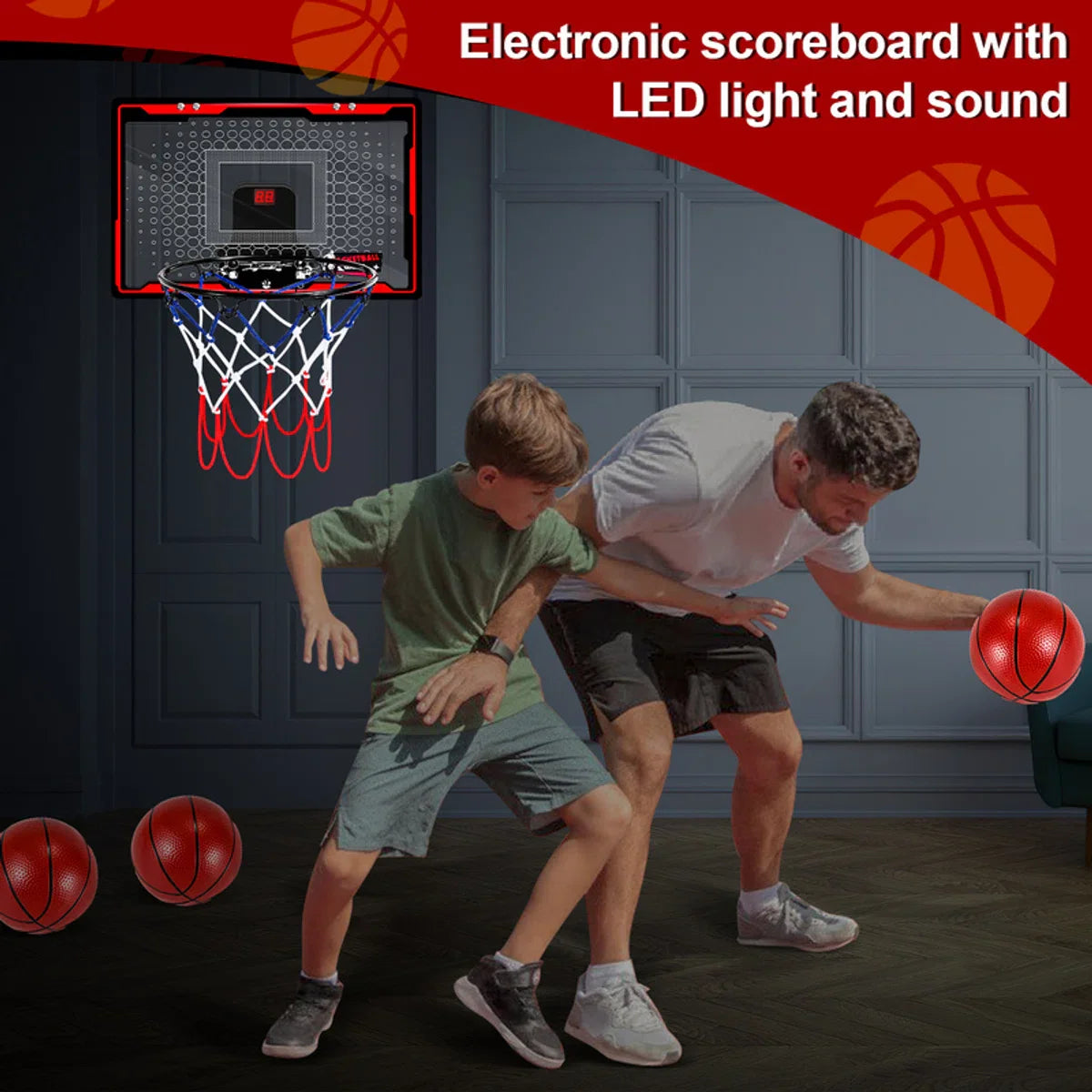 Mini Hoop - Basketbalring - Basketbal - LED Elektronische Teller Met Geluid - Basket - Over De Deur - Incl. 3 Ballen & Pomp