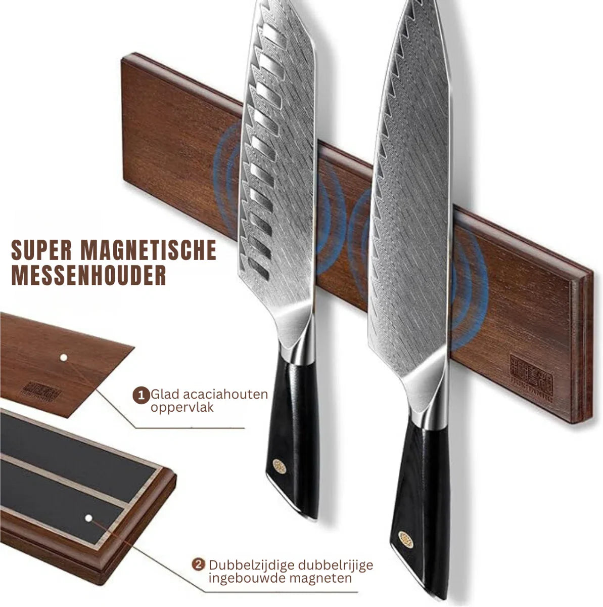 Magnetic Knife Holder - Super Strong Magnet with VHB Tape - Knife Storage - Kitchen Organizer - Acacia Wood
