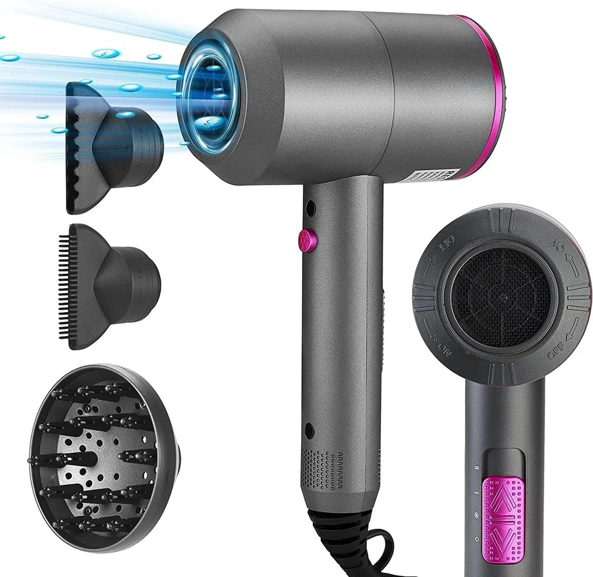 Ionische haardroger - Föhn - 2000 W - Ionische föhn - Professionele haardroger - 3 snelheden met 2 opzetstukken en 1 diffuser voor thuis en kapsalon - 110-240 V