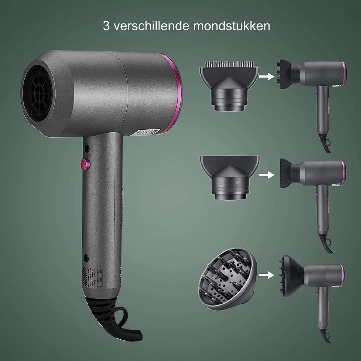 Ionische haardroger - Föhn - 2000 W - Ionische föhn - Professionele haardroger - 3 snelheden met 2 opzetstukken en 1 diffuser voor thuis en kapsalon - 110-240 V