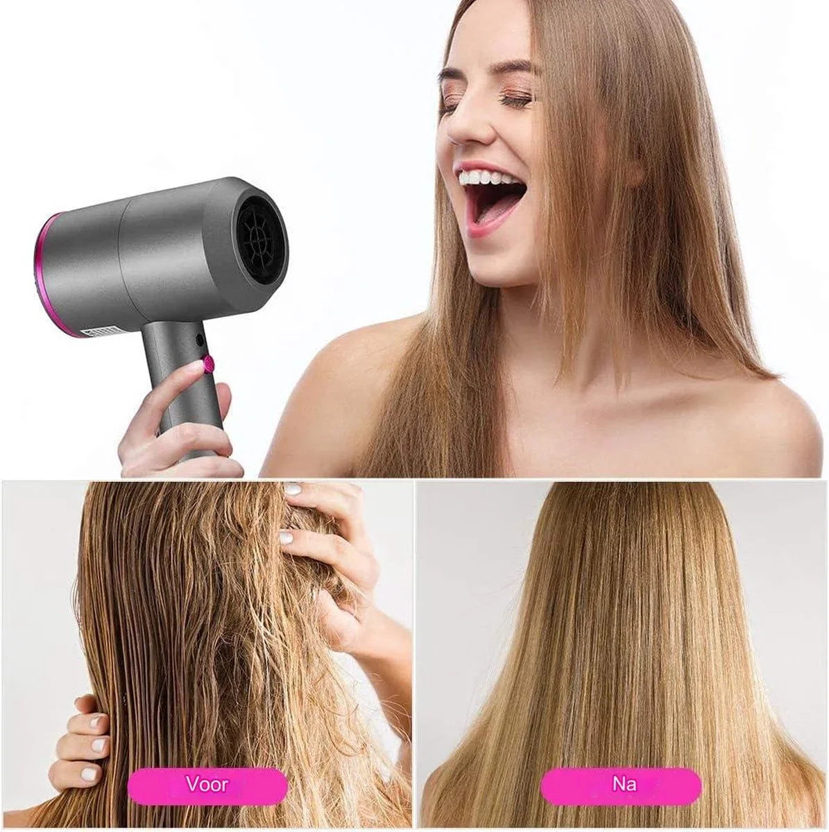 Ionische haardroger - Föhn - 2000 W - Ionische föhn - Professionele haardroger - 3 snelheden met 2 opzetstukken en 1 diffuser voor thuis en kapsalon - 110-240 V