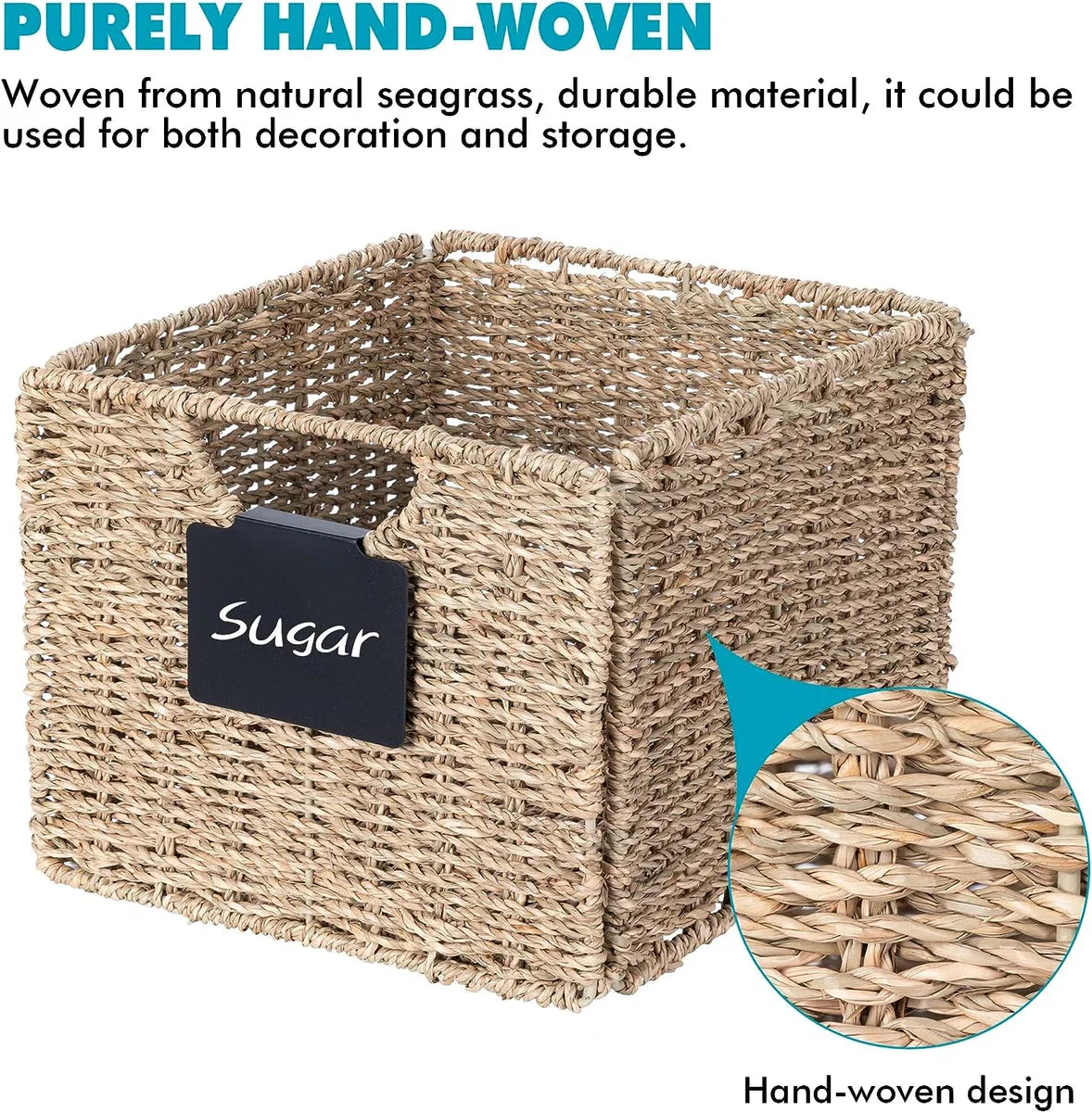 Set van 4 rechthoekige opbergmanden van zeegras, inklapbare mand, rieten mand, plankdoos, opbergdoos, natuurlijke mand, rieten manden, organizer voor badkamer, woonkamer, 26,5 x 24 x 19 cm.
