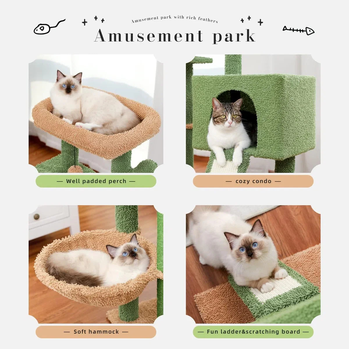 Cat Scratching Post 104 cm Modern Cactus Plush Cat Scratcher for Adult Cats with Larger Cave, Removable Top Bed, Dangling Ball, Sisal Rope, Green.
