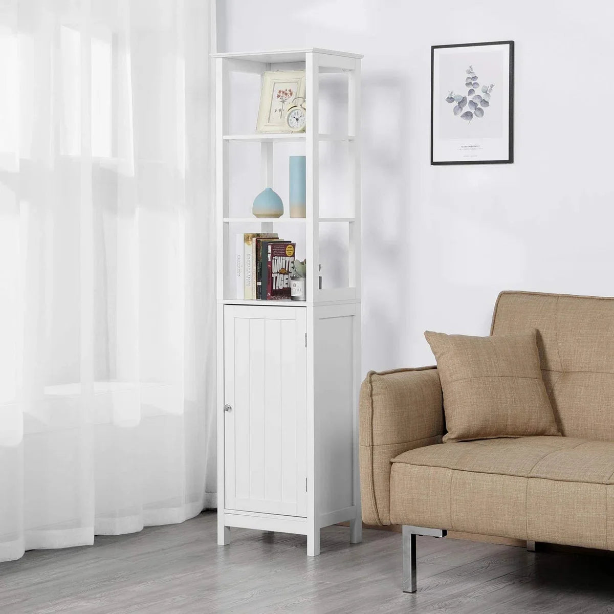 Hoge kast, badkamerkast, staand rek, badkamerrek, met 3 open vakken, verstelbare plank, voor badkamer, woonkamer, keuken, 160 cm hoog, wit