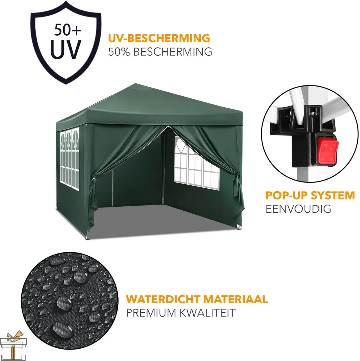 Happyment Partytent met zijwanden - Groen - Opvouwbaar - Easy up - Paviljoen - Waterdicht weerbestendig - 3x3 m
