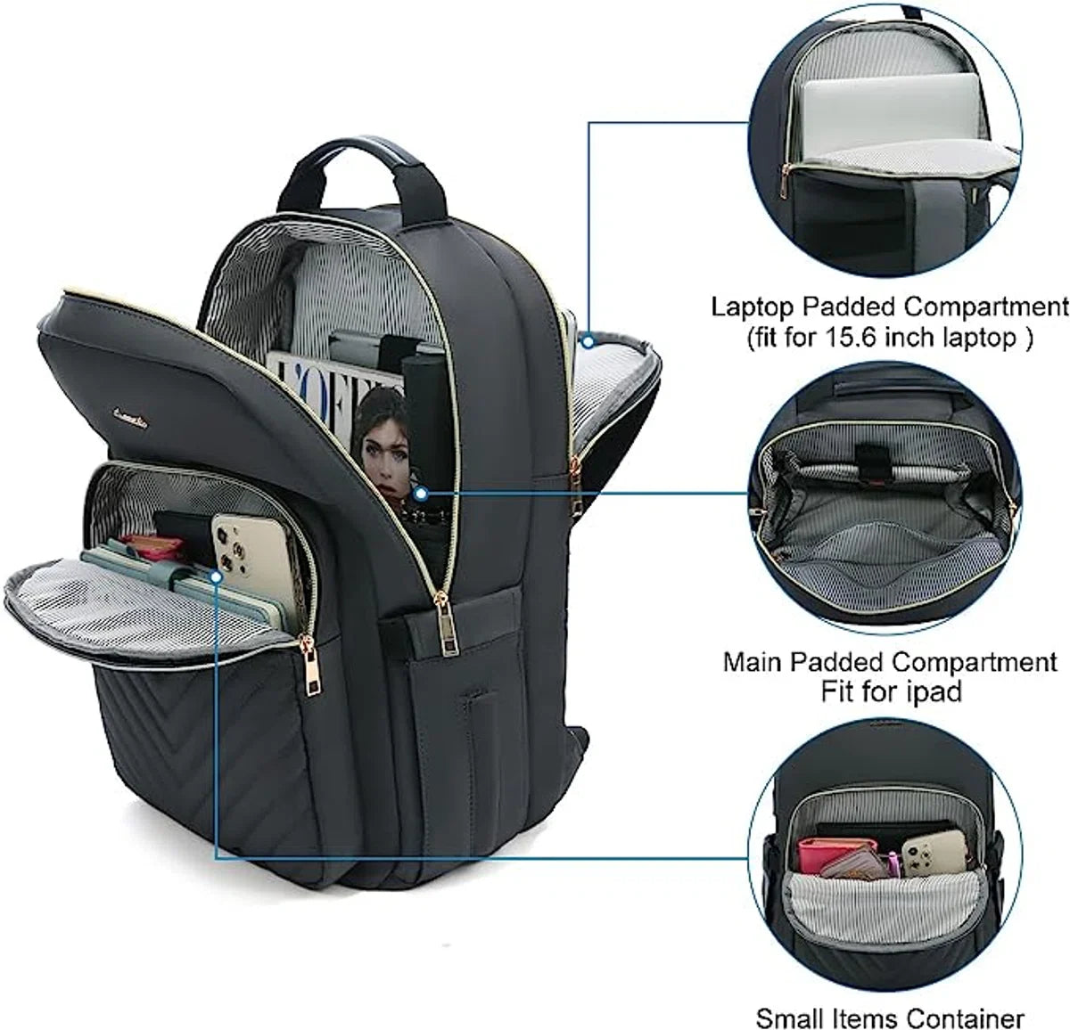 Laptoprugzak voor dames, 15,6 inch, waterdicht, schoolrugzak, voor meisjes en tieners, met laptopvak en USB-oplaadaansluiting, stijlvol, voor school, universiteit, reizen, werk