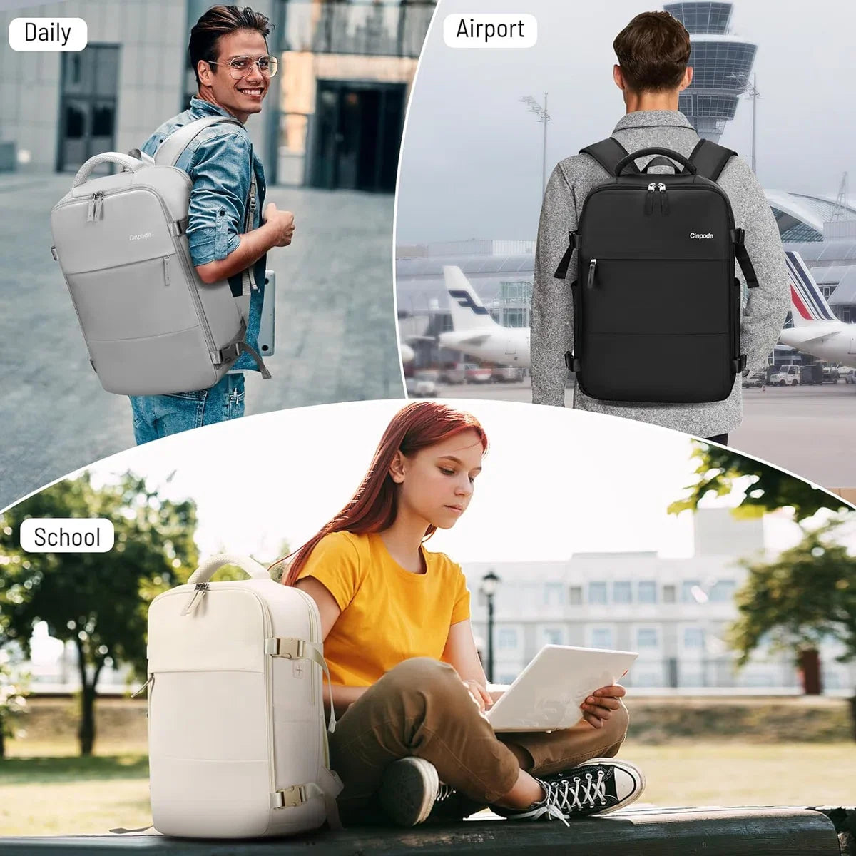 Damesreisrugzak, handbagage, reisrugzak voor 15,6 inch laptop, anti-diefstal, waterafstotend, rugzak, vliegtuig, handbagage, reisrugzak voor dames, voor werk, school, reizen (beige)