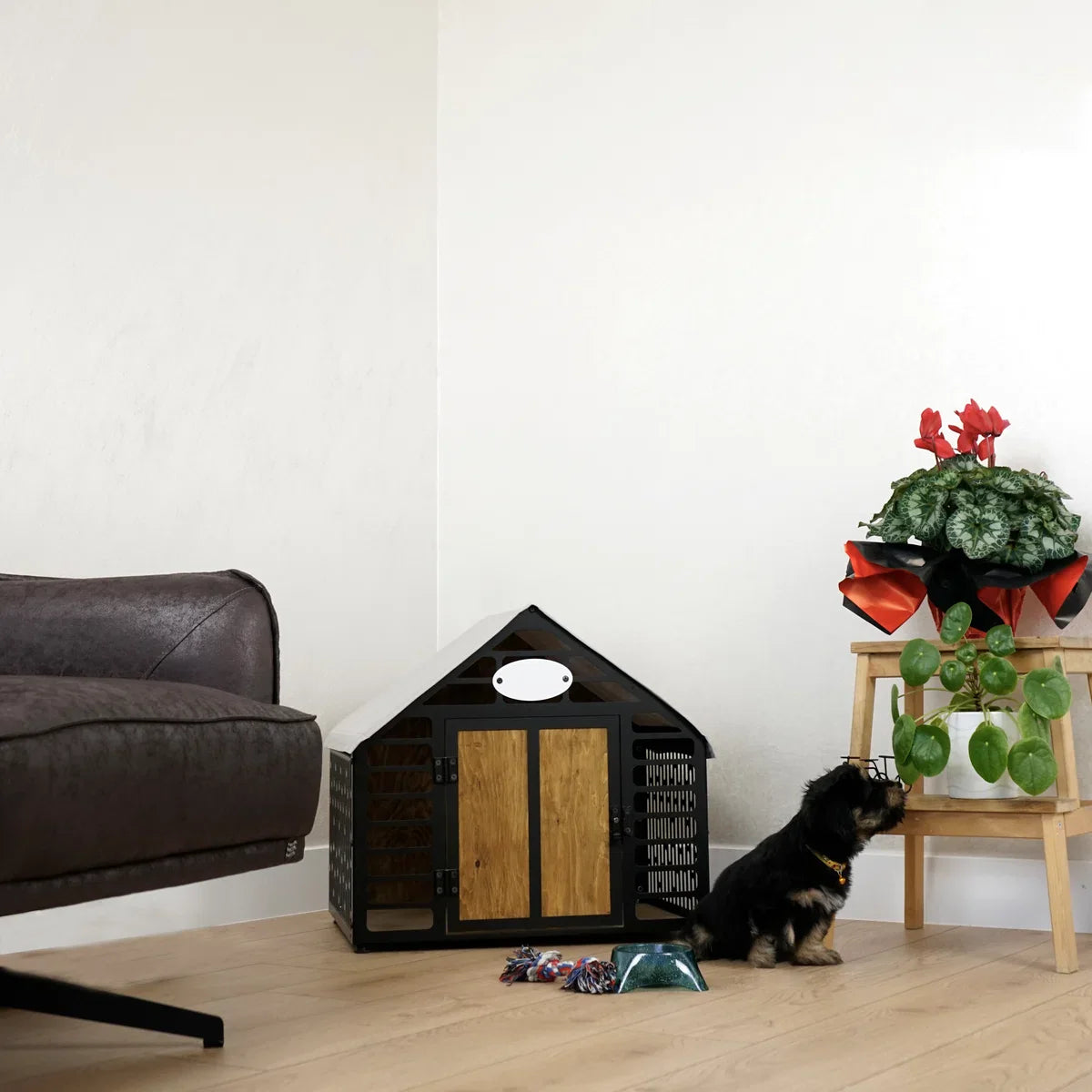 Dog Crate - Dog Kennel - Wooden Dog Crate - Indoor Dog Kennel - Metal and Wooden Dog Kennel - Pet Furniture - Durable Dog Kennel - Stylish Dog Kennel - SMALL - Black 67x57x55 cm