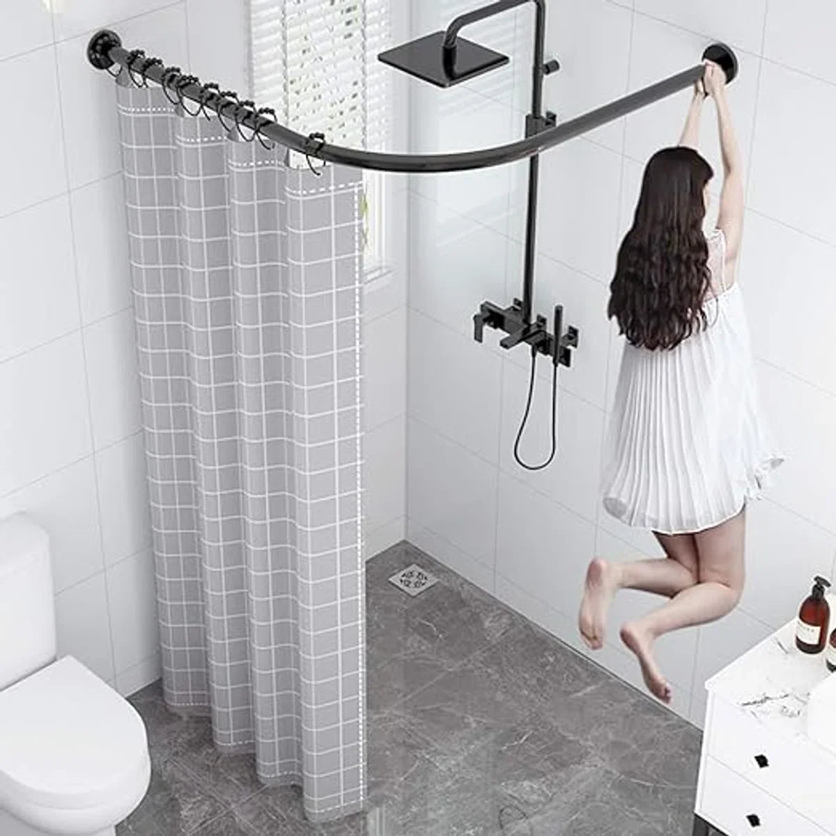 Extendable 304 Stainless Steel L-Shaped Bathroom Shower Curtain Corner Bathtub Rod (Black, 70-100 x 70-100 cm)