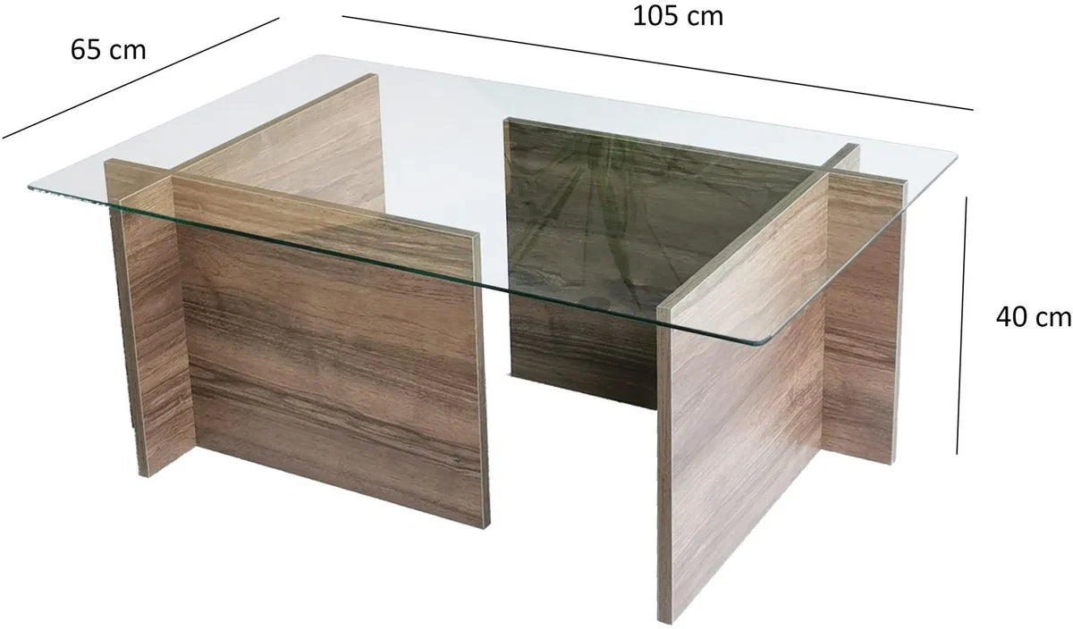 Coffee table - Walnut Finish - Tempered Glass - Dimensions 105x65x40cm - Stylish Table for every Living Room